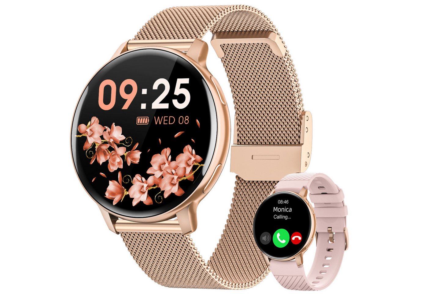 NAIXUES Smartwatch Damen mit Telefonfunktion Smartwatch (3.53 cm/3.39 Zoll, HD Voll Full Touch Screen) Armbanduhr mit SpO2 Pulsuhr Menstruationszyklus, Schlafmonitor Schrittzähler Kalorien Fitness Tracker, IP68 Wasserdicht, für iOS Android von NAIXUES