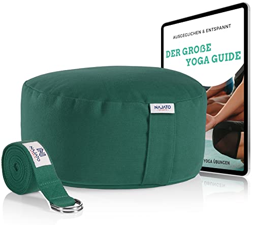 NAJATO Sports Meditationskissen – Mit Yogagurt & E-Book (PDF Datei) – Yogakissen mit Buchweizenschalen-Füllung – Rundes Yoga Kissen mit waschbarem Bezug aus Baumwolle von NAJATO