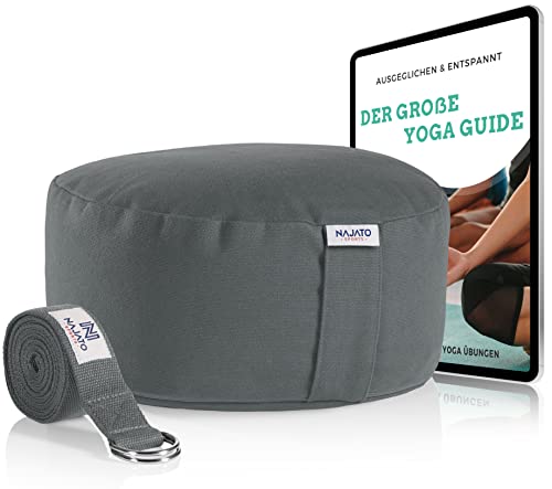 NAJATO Sports Meditationskissen – Mit Yoga Gurt & E-Book (PDF Datei) – Yogakissen mit Buchweizenschalen-Füllung – Rundes Yogakissen mit waschbarem Bezug aus Baumwolle von NAJATO