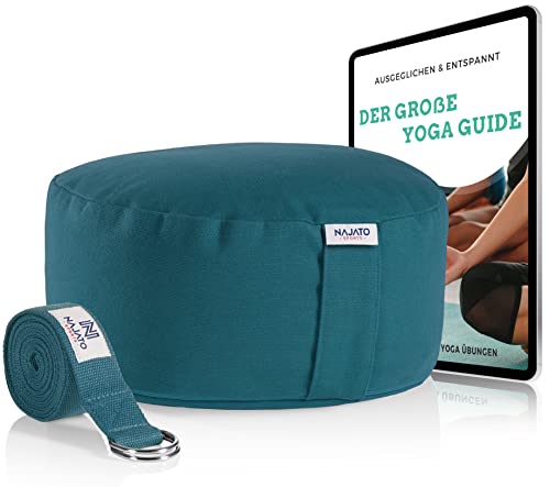 NAJATO Sports Meditationskissen – Mit Yoga Gurt & E-Book (PDF Datei) – Yogakissen mit Buchweizenschalen-Füllung – Rundes Yogakissen mit waschbarem Bezug aus Baumwolle von NAJATO