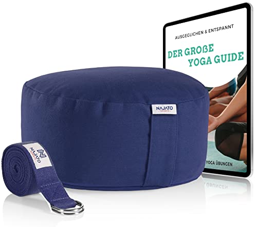 NAJATO Sports Meditationskissen – Mit Yoga Gurt & E-Book (PDF Datei) – Yogakissen mit Buchweizenschalen-Füllung – Rundes Yogakissen mit waschbarem Bezug aus Baumwolle von NAJATO