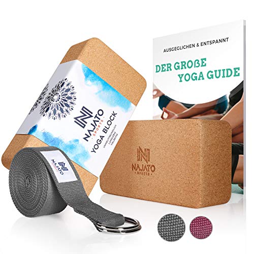 NAJATO Sports Yoga Block Kork 2er Set – Wahlweise mit Yoga Gurt – Yoga Klotz inkl. E-Book (PDF Datei) – Yogaklotz für Yoga und Pilates – Yogablock aus natürlichem Kork von NAJATO