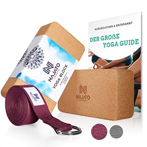 NAJATO Sports Yoga Block Kork 2er Set – Wahlweise mit Yoga Gurt – Yoga Klotz inkl. E-Book (PDF Datei) – Yogaklotz für Yoga und Pilates – Yogablock aus natürlichem Kork von NAJATO