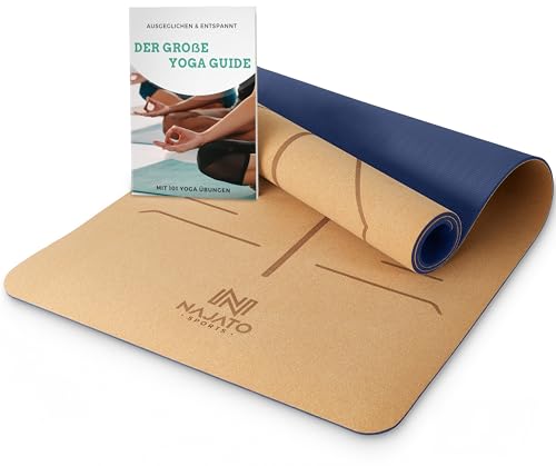 NAJATO Sports Yogamatte Kork – Rutschfeste Kork Yogamatte mit Yoga Gurt, Tragegurt & E-Book (PDF Datei) – Yogamatte aus Kork 183 x 65 x 0,6 cm – Nachhaltige Yoga Matte Kork von NAJATO