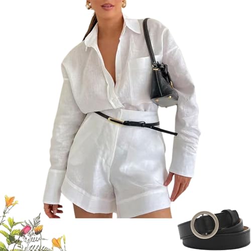 2024 Neues zweiteiliges Set aus einfarbiger Baumwolle und Leinen mit Gürtel, lässiges Leinenblusen- und Shorts-Set für Damen (Medium,White) von NAKEAH