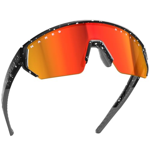 NAKED Optics BLADE Sportbrille Herren, Fahrradbrille Damen, Sport Sonnenbrille mit UV400 Schutz, Schnelle Brille, Rennrad Radbrille, Laufbrille, TR90 Rahmen (Schwarz m. weißen Dots (Rotes Glas)) von NAKED Optics