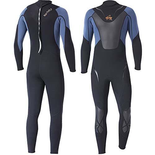 NATYFLY Herren Neoprenanzug 3 mm Neopren Tauchanzug Lange Ärmel Thermal Nassanzüge Zurück Reißverschluss Schnorchelanzug für Tauchen, Surfen, Schnorcheln, Kanufahren (Schwarz/Grau, S) von NATYFLY