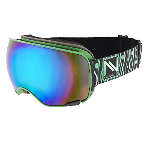 NAVIGATOR VISION Skibrille u. Snowboardbrille, 2 Wechsellinsen, einzigartiger AntiFog Beschichtung, UVA Schutz, Wintersport Brille m. verspiegelten Gläsern u. innovativer Linsenhinterlüftung, GRÜN von NAVIGATOR