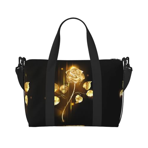 Handreisetasche mit goldfarbenem Rosenmuster, groß, faltbar, Reisetasche, Sporttasche, Turnbeutel für Damen, Schwarz , Einheitsgröße von NBSNGSLS