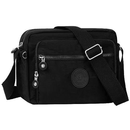 NEWIROVE Umhängetasche Damen Mittelgroß Nylon Wasserdicht Crossbody Bag Leichte Schultertasche Damen Handtaschen Mit Vielen Fächern Sportlich Umhängetasche Für Einkaufen, Reisen, Schule,Schwarz von NEWIROVE