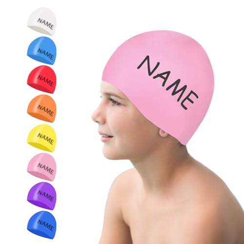 Badekappe Kinder mit Namen Badekappe Mädchen Lange Haare Schwimmkappe für Damen Jungen Herren NGTSFLY Individuell Schwimmhaube für Erwachsene, Badehaube mit Wunschnamen von NGTSFLY