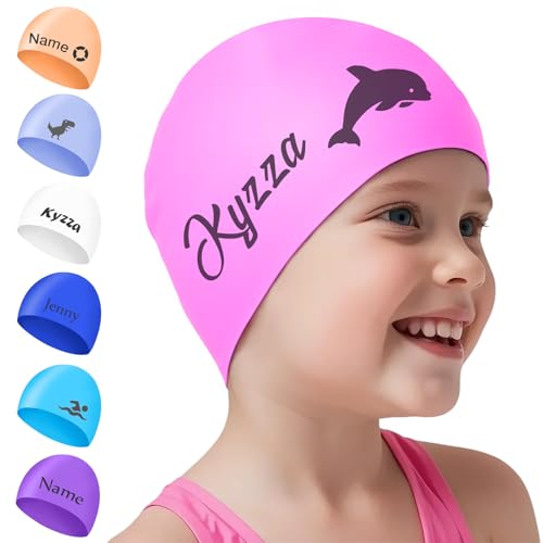 Badekappe Mädchen Lange Haare Personalisierte Kinder Badekappe mit Namen, NGTSFLY Schwimmkappe für Mädchen Damen und Jungen Bademütze Wasserdicht von NGTSFLY