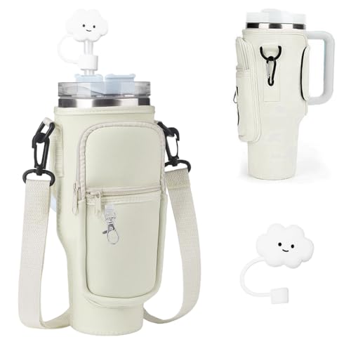 NICEWAT Tasche für Stanley Cup 40oz, Tragetasche für Stanley Becher mit Handytasche, Strohhülle und verstellbar Schultergurt, Wasserflaschenhalter für Wandern Laufen Radfahren (Mandel) von NICEWAT