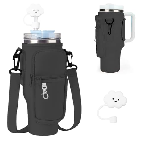 NICEWAT Tasche für Stanley Cup 40oz, Tragetasche für Stanley Becher mit Handytasche, Strohhülle und verstellbar Schultergurt, Wasserflaschenhalter für Wandern Laufen Radfahren (Schwarz) von NICEWAT