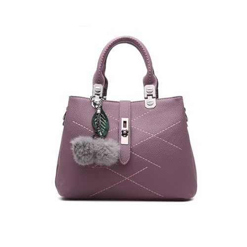 NICOLE & DORIS 2024 Neue Frauen Tasche Damen Leder Handtasche Mode Umhängetasche Mit Pompon abnehmbarem Schultergurt Handtasche Dunkelviolett von NICOLE & DORIS