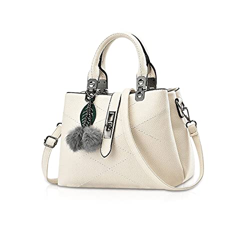 NICOLE & DORIS 2025 Neue Frauen Tasche Damen Leder Handtasche Mode Umhängetasche Mit Pompon abnehmbarem Schultergurt Handtasche Weiß von NICOLE & DORIS