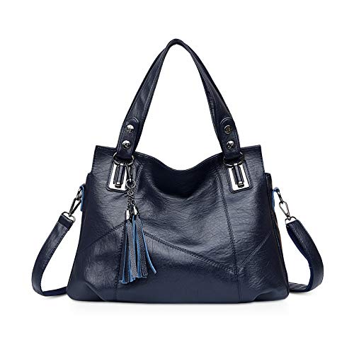 NICOLE & DORIS Damen Handtasche Mode Umhängetasche mit großer Kapazität Schultertasche Retro Shopper Einkaufstasche Weiches Leder Henkeltasche Blau von NICOLE & DORIS