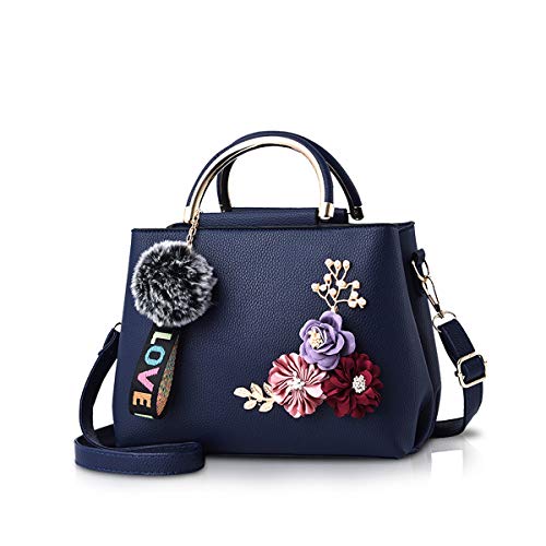 NICOLE & DORIS Damen Leder Handtasche Umhängetaschen mit Blume Jahrgang Griff Tasche Designer Tote Geldbörse mit Pom Pom Dunkelblau NICOLE & DORIS Damen Leder Handtasche Umhängetaschen mit Blume Jahrgang Griff Tasche Designer Tote Geldbörse mit Pom Pom Dunkelblau von NICOLE & DORIS