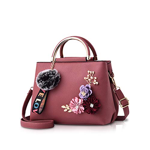 NICOLE & DORIS Damen Leder Handtasche Umhängetaschen mit Blume Jahrgang Griff Tasche Designer Tote Geldbörse mit Pom Pom dunkelpink NICOLE & DORIS Damen Leder Handtasche Umhängetaschen mit Blume Jahrgang Griff Tasche Designer Tote Geldbörse mit Pom Pom dunkelpink von NICOLE & DORIS