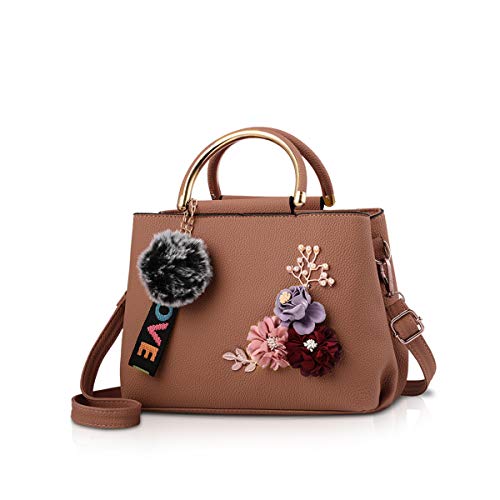 NICOLE & DORIS Damen Leder Handtasche Umhängetaschen mit Blume Jahrgang Griff Tasche Designer Tote Geldbörse mit Pom Pom dunkelgelb von NICOLE & DORIS