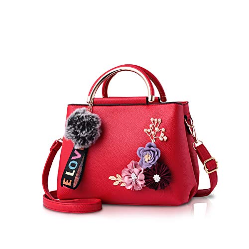 NICOLE & DORIS Damen Leder Handtasche Umhängetaschen mit Blume Jahrgang Griff Tasche Designer Tote Geldbörse mit Pom Pom rot von NICOLE & DORIS