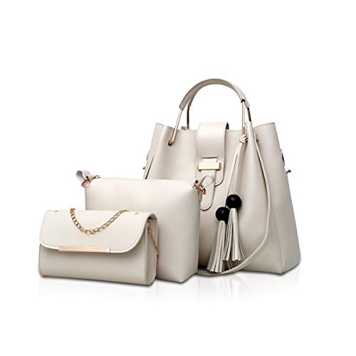 NICOLE & DORIS Damen Handtaschen 3 Stück Taschen für Damen Kette Tasche Top-Griffe Schultertaschen PU Leder Tragetaschen Umhängetasche Beige von NICOLE & DORIS