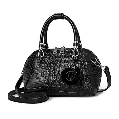 NICOLE & DORIS Handtasche Damen Klein Retro Umhängetaschen Henkeltasche Kroko Optik Schultertaschen PU Leder Tasche mit Blumen Anhänger Schwarz von NICOLE & DORIS