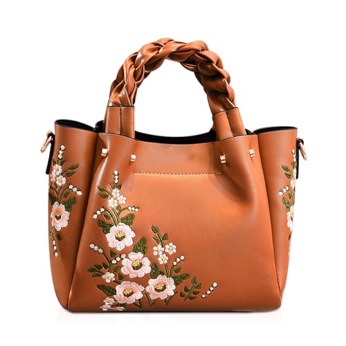 NICOLE & DORIS Elegant Handtasche Damen Shopper Tote PU-Leder Henkeltasche Frauen Schultertasche Bestickte Umhängetasche für Arbeit Schule Shoppin Braun von NICOLE & DORIS