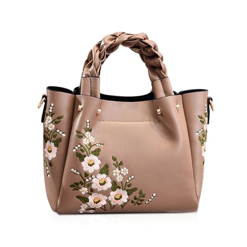 NICOLE & DORIS Elegant Handtasche Damen Shopper Tote PU-Leder Henkeltasche Frauen Schultertasche Bestickte Umhängetasche für Arbeit Schule Shoppin Khaki von NICOLE & DORIS