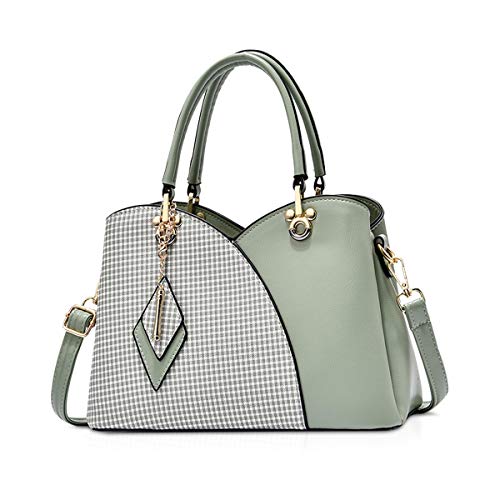 NICOLE & DORIS Elegante Damen Handtasche mit Mehreren Taschen Schultertaschen aus PU-Leder Henkeltaschen Karierte Umhängetasche mit Anhänger Grün von NICOLE & DORIS