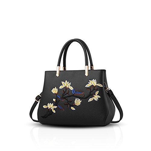 NICOLE & DORIS Elegante Damen Handtaschen Frauen Schultertaschen mit Stickerei Blume Umhängetasche PU Leder Tote Henkeltasche Schwarz von NICOLE & DORIS