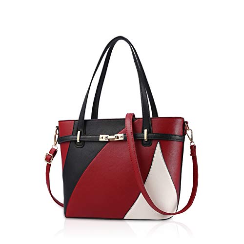 NICOLE & DORIS Frauen Handtaschen Top Griff Strukturierte Leder Tote Crossbody Designer Tasche Chic mit Metall Finish Schultergurt, rot, Large von NICOLE & DORIS