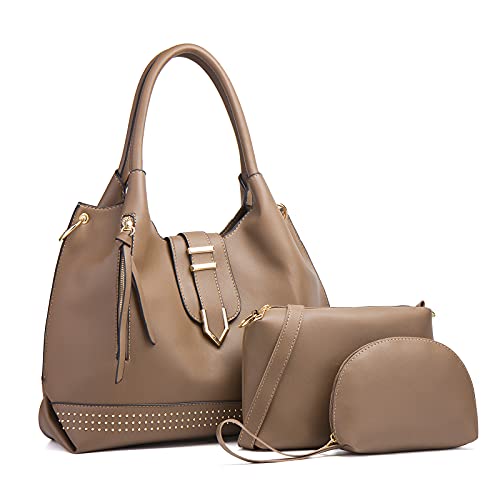 NICOLE & DORIS Handtaschen Groß Damen Tasche Schultertaschen PU Leder Elegante Frauen Umhängetasche Groß Henkeltasche Hobo Multifunktion Shopper Tasche 3-Teiliges Set Khaki von NICOLE & DORIS