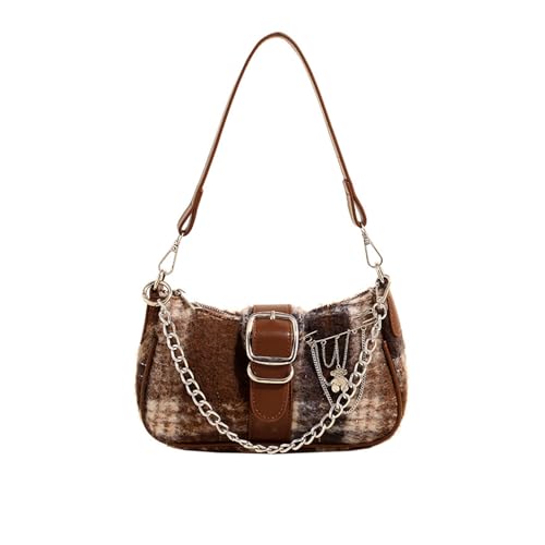 NICOLE & DORIS Kleine Umhängetaschen Damen Handtasche Kariert Schultertaschen PU Leder Henkeltasche Crossbody Bag Satchel Handtasche mit Kette Braun von NICOLE & DORIS