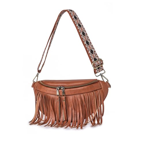 NICOLE & DORIS Kleine Umhängetaschen Damen Retro Schultertaschen PU Leder Satchel Tasche mit Quaste Crossbody Bag Brusttasche Fransentasche Braun von NICOLE & DORIS