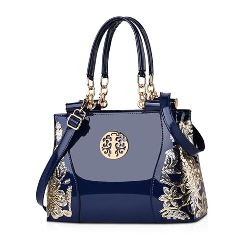 NICOLE & DORIS Lackleder Handtasche Damen Umhängetaschen Elegante Schultertasche frauen shopper großer Kapazität Henkeltasche mit Stickerei Navy blau von NICOLE & DORIS