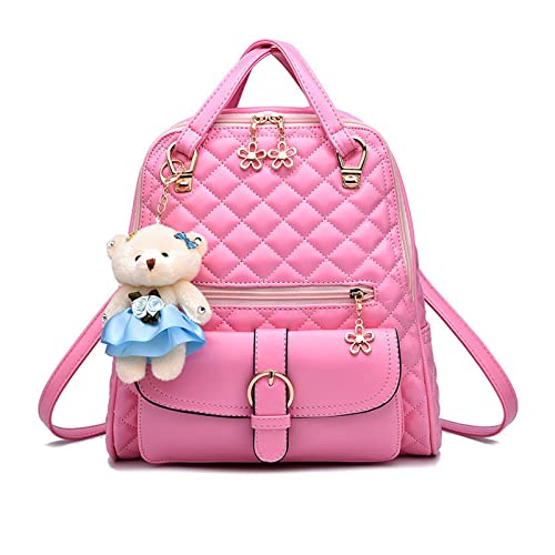 NICOLE & DORIS Rucksack für Frauen Mini Rucksäcke Damen Casual Daypack Weiche Leder Handtasche Modern Cityrucksack Niedlich Tagesrucksack mit Bär-Anhänger Rosa von NICOLE & DORIS