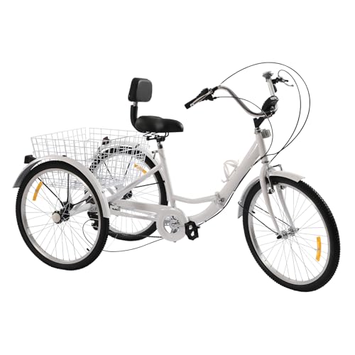 NIGORIY 24 Zoll Dreirad für Erwachsene, 7-Gang-Fahrrad Faltbares, 3-Rad Fahrräder Tragfähigkeit 140kg, mit LED Licht und Wasserbecherhalter (Weiß) von NIGORIY