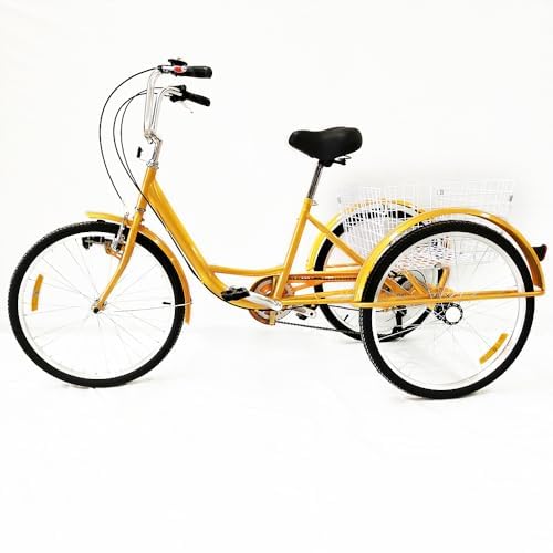 NIGORIY Dreirad für Erwachsene, 24 Zoll 6 Gang Dreiräder, Fahrrad 3 Räder 120KG Tragfähigkeit, Ausgestattet mit Beleuchtung Antirutsch- und Verschleißfeste Räder (Gelb) von NIGORIY