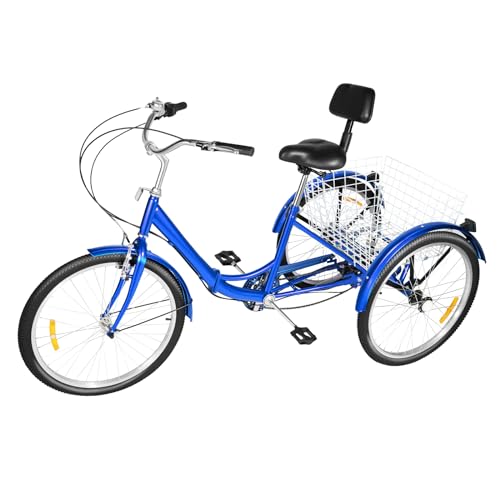 NIGORIY Dreirad für Erwachsene 24 Zoll, 7 Gang Dreirad Fahrrad 120kg Gewichtskapazität, 3 Rad Fahrrad für Erwachsene Zusammenklappbares, mit Ablagekorb, Rückenlehne (Blau) von NIGORIY