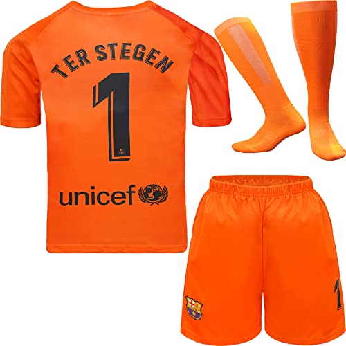 NIHMEX Barcelona TER Stegen Kinder Torwart Trikot Fußball #1, Neu Saison, Shorts Socken Torwarttrikot (Orange,28) von NIHMEX