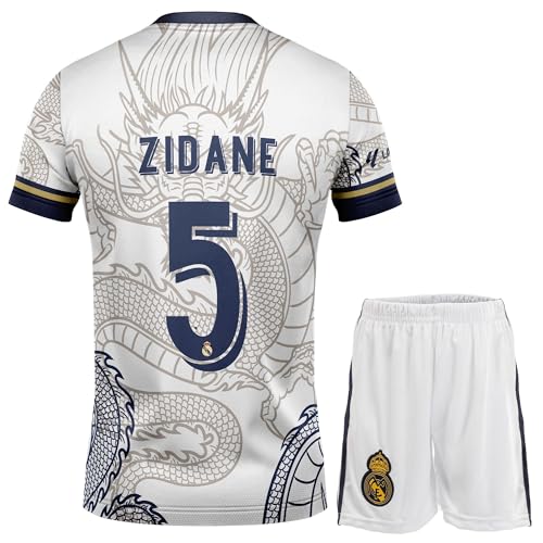 NIHMEX Madrid Legende Zidane #5 Retro Weißer Drache Limitierte Sonderedition Seltenes Fußball Kinder Trikot Shorts Set Jugendgrößen (Weiß,164) von NIHMEX