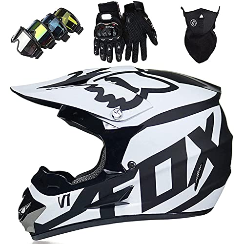 NIKSHI Motorradhelm Kinder Offroad Motorradhelm Set Mit Brille Handschuhe Fahrradhelm Unisex Integral Crosshelm Downhill Vierer Ausdauer ATV Mountainbike Schutzhelm,White-XL=（58〜59CM） von NIKSHI