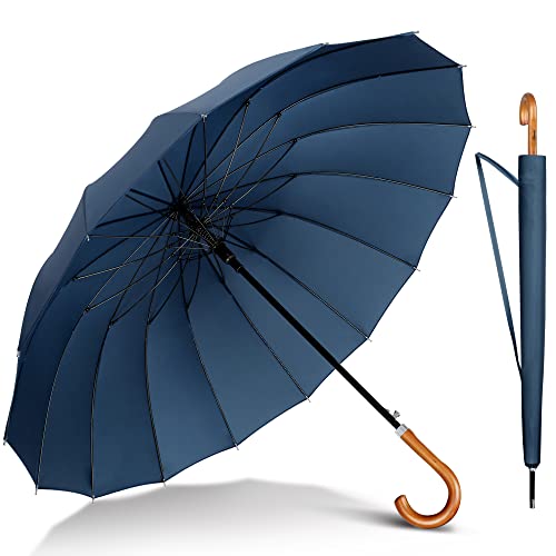 NINEMAX Regenschirm Groß Sturmfest,Stockschirm mit Holzgriff füR Herren Damen,Stabiler 16 Knochen Regenschirm Automatik füR 2 Personen, (Marineblau) von NINEMAX