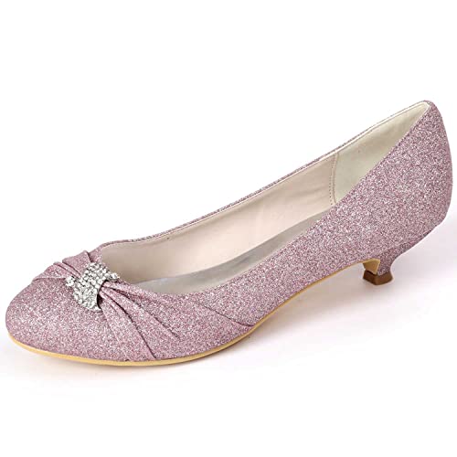 NIUSAIFEI Damen geschlossene Spitze, glitzernde Kitten-Heels mit Runder Zehe, Slip-On Sandalen – ideal für Partys & Elegante Anlässe, komfortable Pumps von NIUSAIFEI