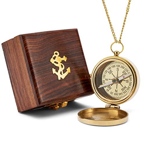 NKlaus 5cm Kompass mit Kette aus Messing Holzbox Taschenkompass Orientierungs Peilkompass 11661 von NKlaus