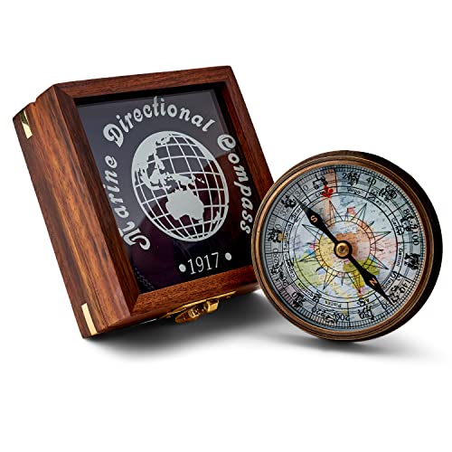 NKlaus Kompass aus Messing antik 7,8cm in Holzbox mit Fenster Taschenkompass Peilkompass 11679 von NKlaus