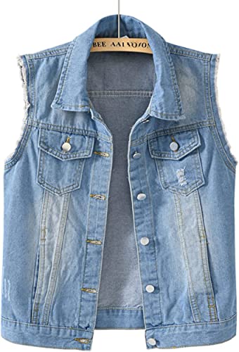 NLAVW Damen Denim Weste Denim Weste Plus Größe 5XL-6XL Kurze ärmellose Jacke Weste Vintage Jeans Weste Damen zerrissene Strickjacke,Light Blue,M von NLAVW