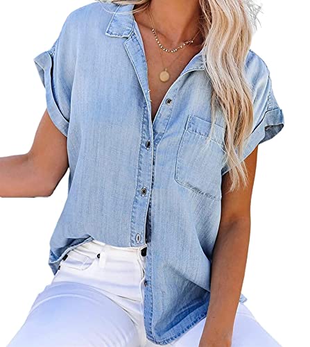 NLAVW Damen Sommer-Jeanshemd mit Knopfleiste, kurzärmelig, Freizeithemd, Oberteil, lockere Passform, Jeansjacke, Bluse, passende Tunika-Bluse,Blau,XXL NLAVW Damen Sommer-Jeanshemd mit Knopfleiste, kurzärmelig, Freizeithemd, Oberteil, lockere Passform, Jeansjacke, Bluse, passende Tunika-Bluse,Blau,XXL von NLAVW
