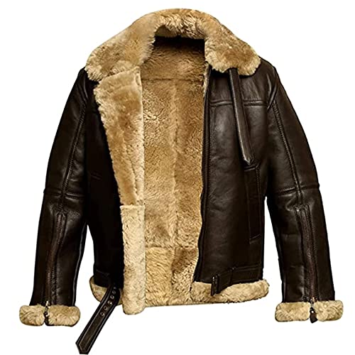 NLAVW Herren Flying Winter Jacket,Shearling Lederjacke Bomber Warm Filling Biker Motorrad Pelz Mantel Jacke,Beige,L von NLAVW